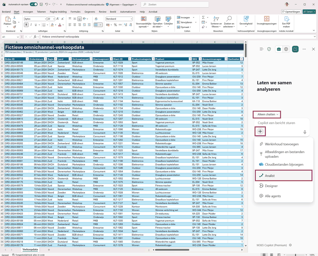 Het Copilot-venster in Excel met de stand Alleen chatten en het menu waarin Analist en Alle agents staan.
