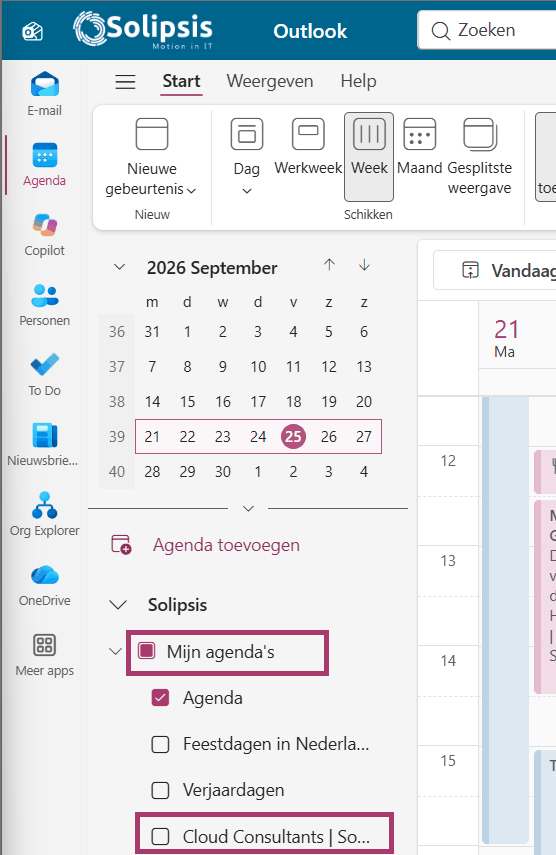 De nieuwe Outlook met onder Mijn agenda’s de automatisch gekoppelde agenda van een gedeeld postvak.