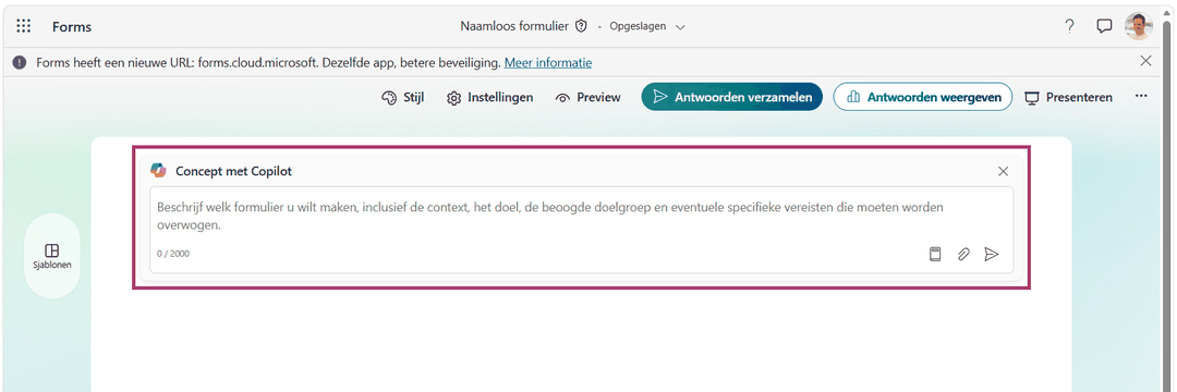 Het venster Concept met Copilot in Microsoft Forms, waarin je beschrijft welk formulier je wilt maken.