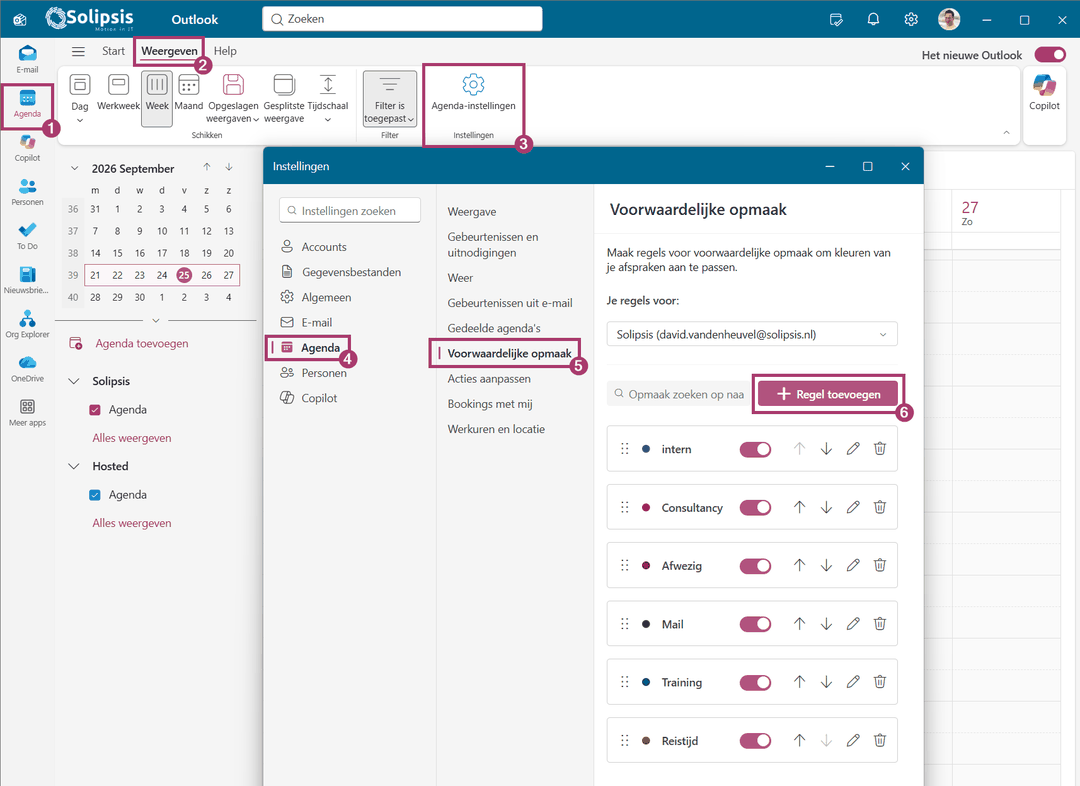 Het instellingenvenster van de nieuwe Outlook met de regels voor voorwaardelijke opmaak in de agenda.
