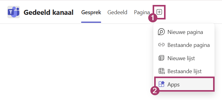 Het plusteken boven een gedeeld kanaal in Teams, met in het menu de optie Apps.
