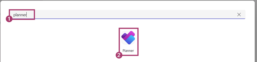 Het zoekvenster voor apps in Teams met de zoekterm planner en de app Planner.