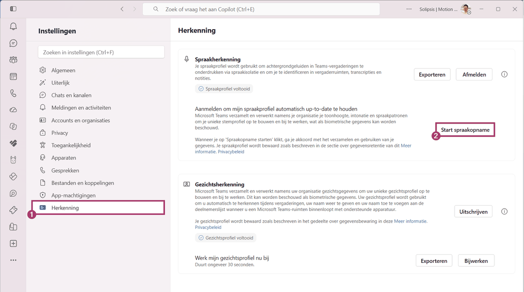 Het tabblad Herkenning in de instellingen van Teams, met de knop Start spraakopname.