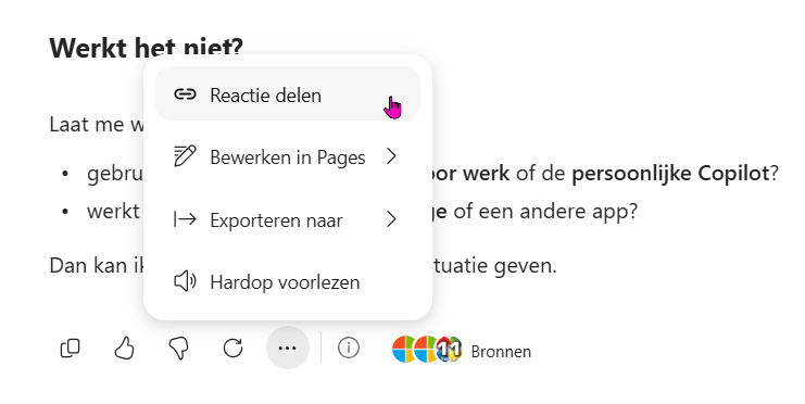 Het menu onder een Copilot-antwoord met de optie Reactie delen.