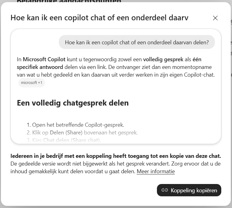 Het venster om een Copilot-chat te delen, met de knop Koppeling kopieren.